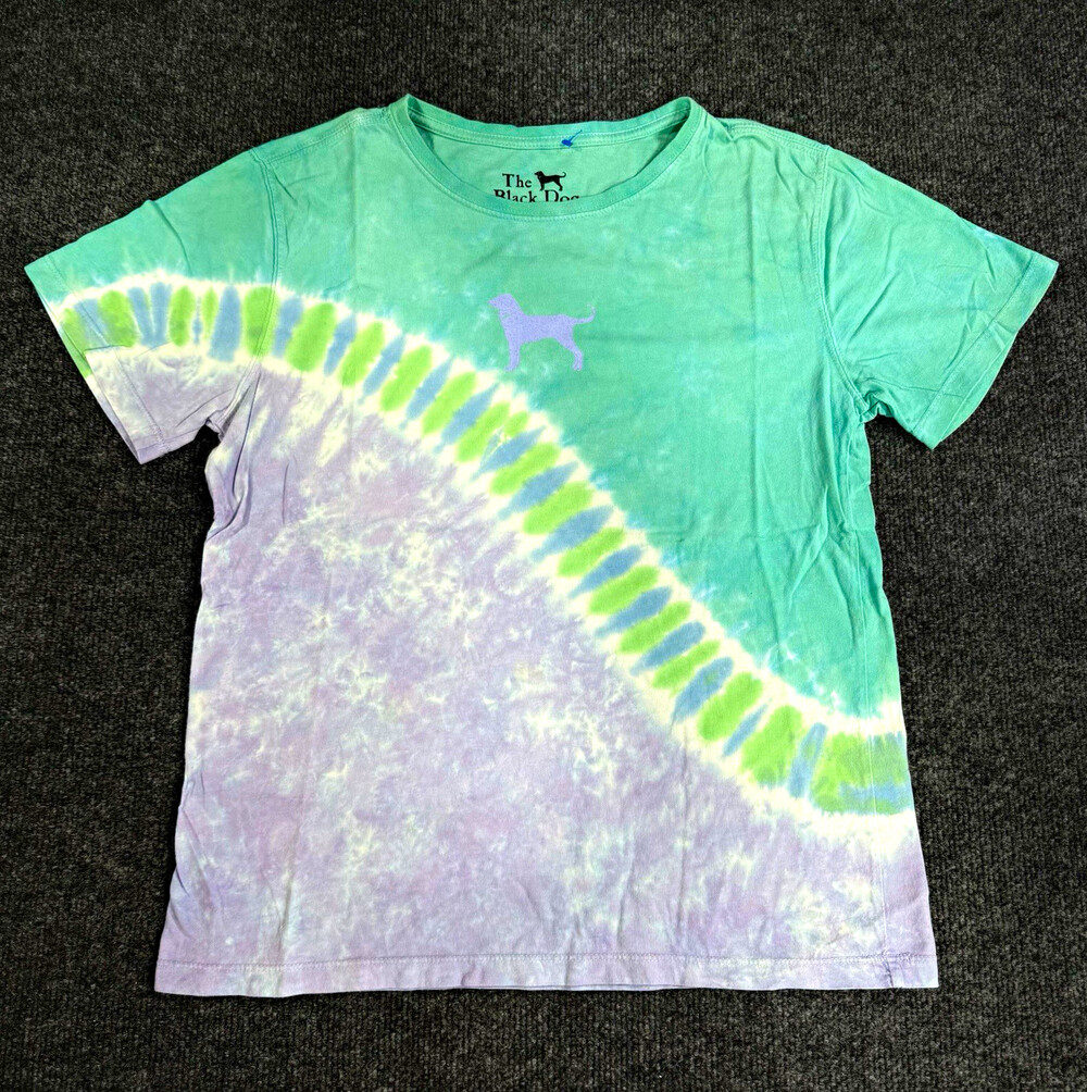 The Black Dog Womens Small Tie Dye T Shirt Green Purple 100% Cotton Logo Tee
